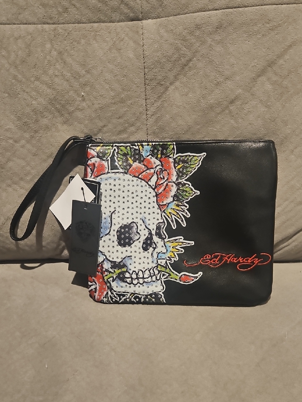 Ed Hardy Black Skull & Floral Wristlet Clutch